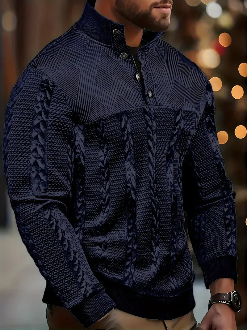 ENZO - TEXTURED BUTTON-COLLAR KNIT PULLOVER