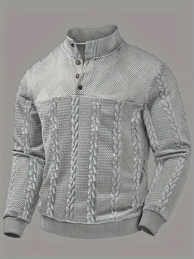 ENZO - TEXTURED BUTTON-COLLAR KNIT PULLOVER