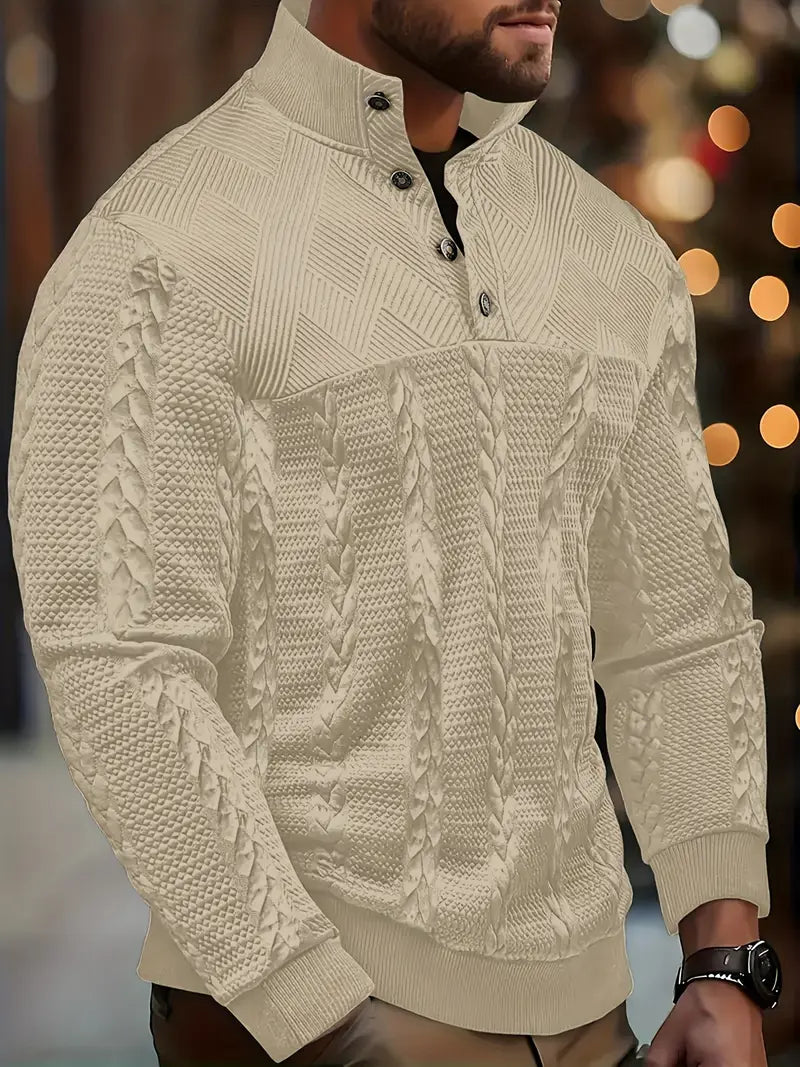 ENZO - TEXTURED BUTTON-COLLAR KNIT PULLOVER