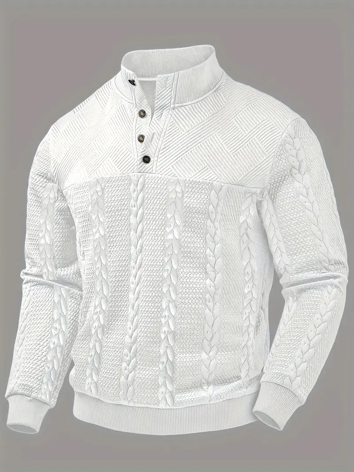ENZO - TEXTURED BUTTON-COLLAR KNIT PULLOVER