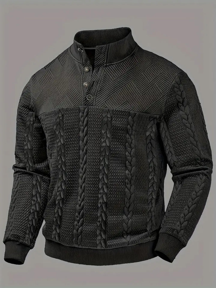 ENZO - TEXTURED BUTTON-COLLAR KNIT PULLOVER