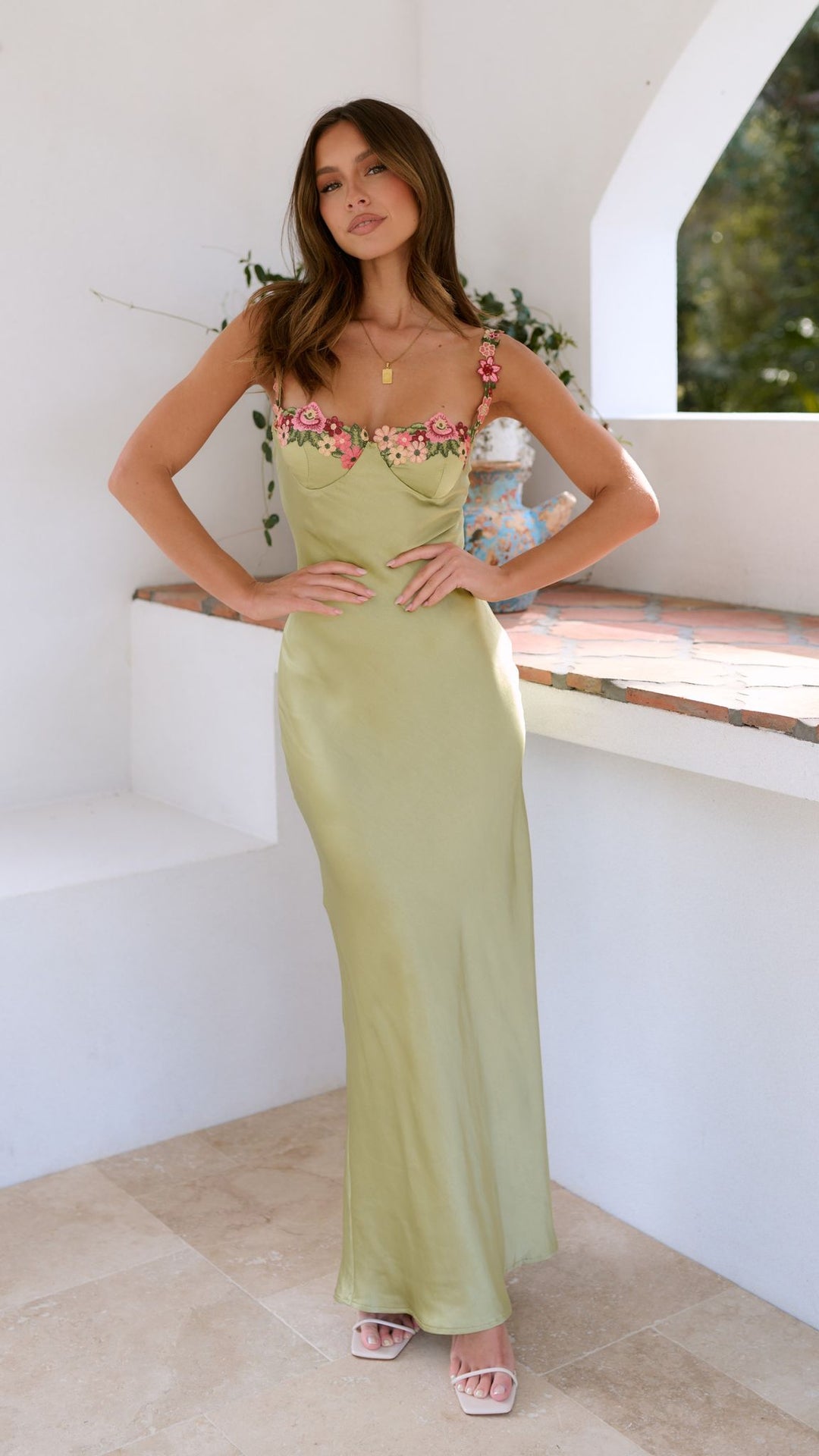 Luz - Embroidered Stitching Solid Color Satin Dress
