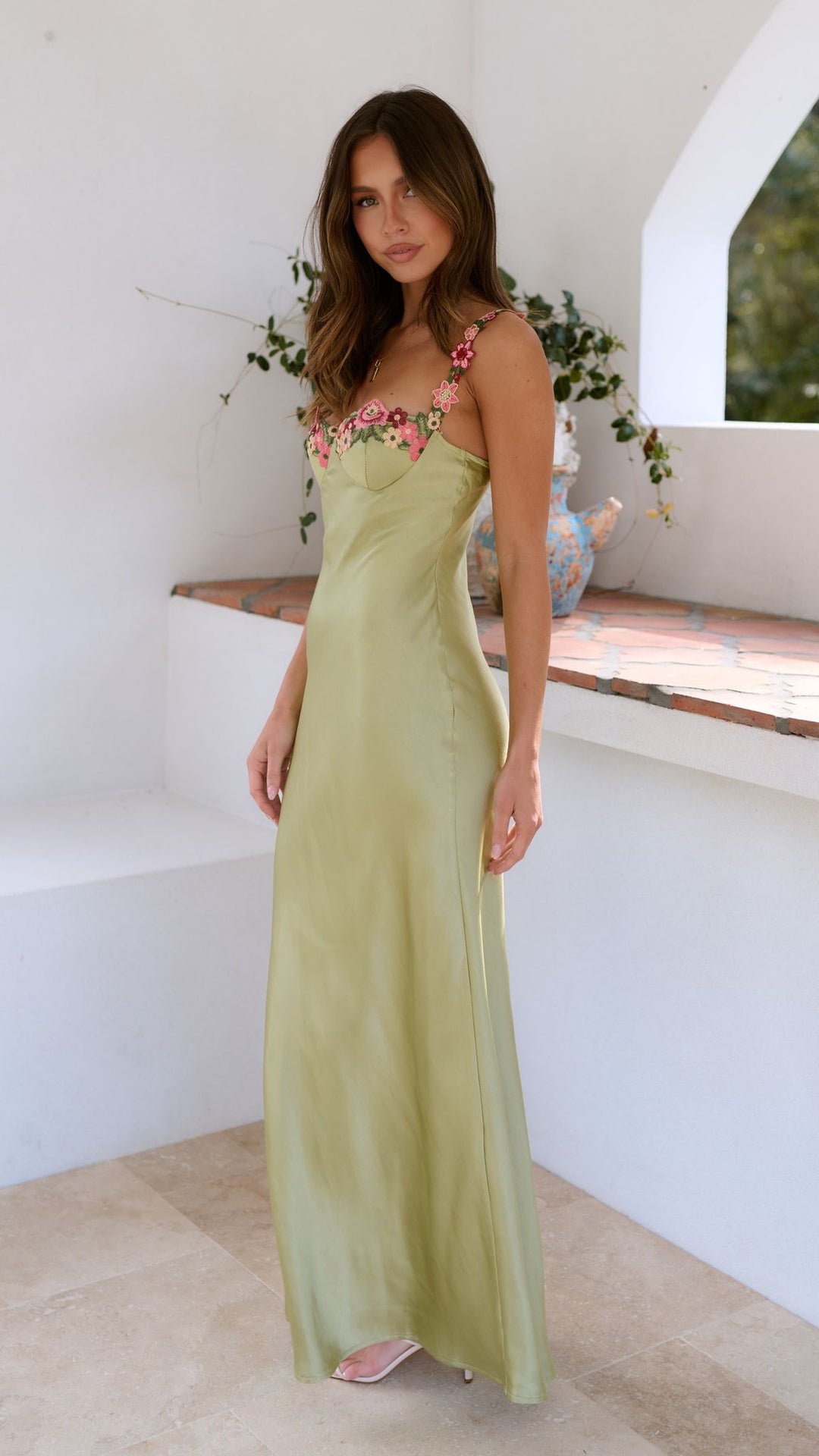 Luz - Embroidered Stitching Solid Color Satin Dress