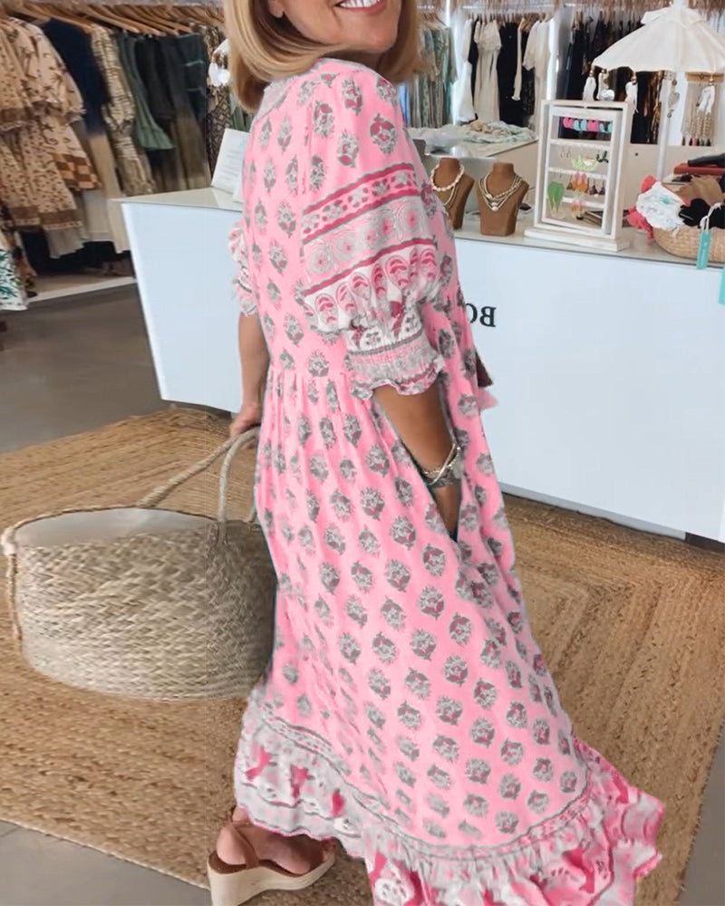 Miya - Casual Printed V-neck Half Sleeve Dress