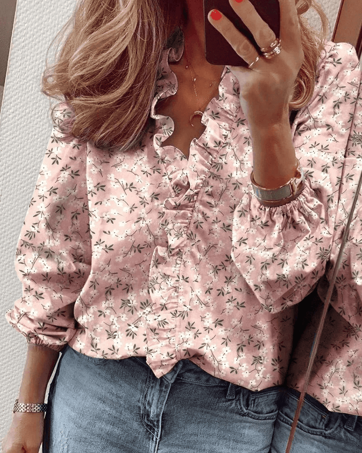 ELEU - FASHION RUFFLES LONG-SLEEVE BLOUSE