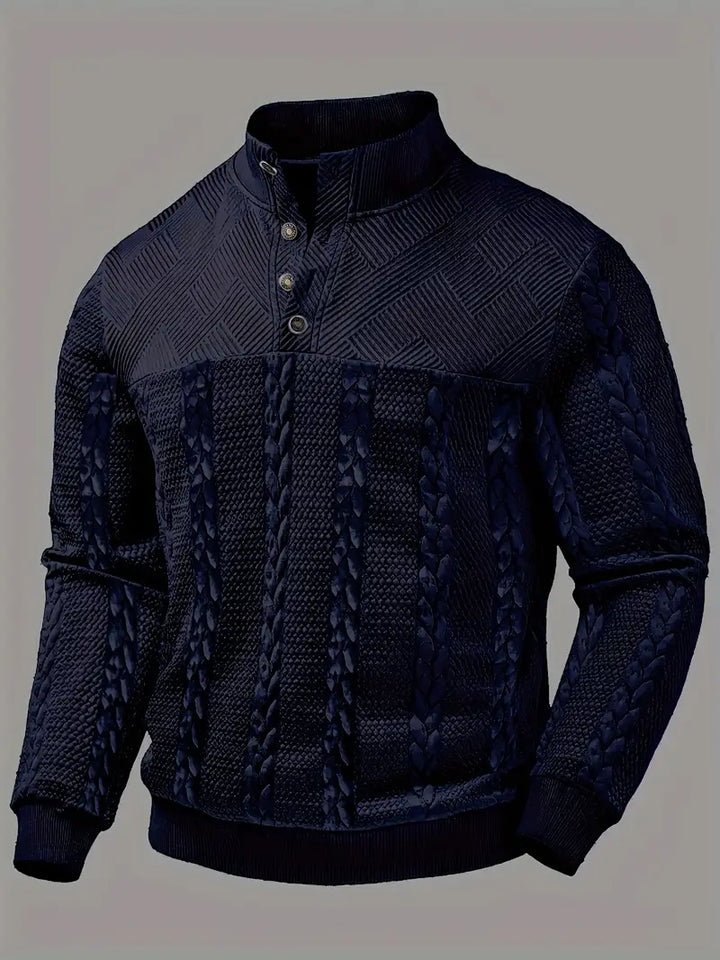 ENZO - TEXTURED BUTTON-COLLAR KNIT PULLOVER