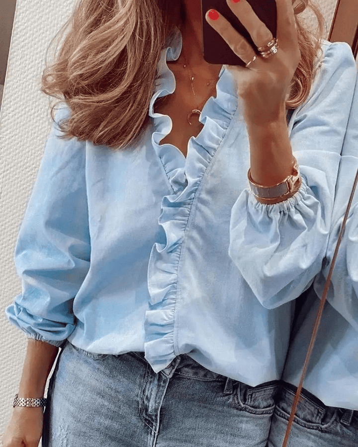 ELEU - FASHION RUFFLES LONG-SLEEVE BLOUSE