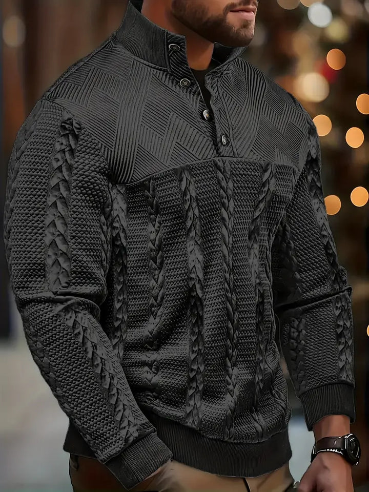 ENZO - TEXTURED BUTTON-COLLAR KNIT PULLOVER