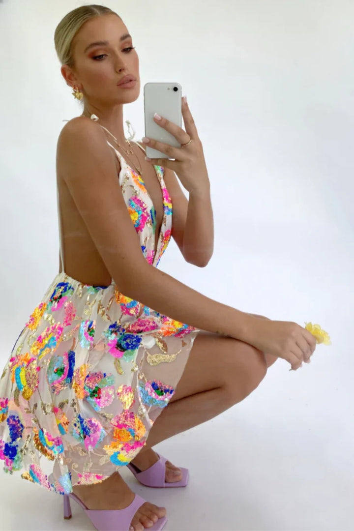 Zephyr - Backless Sequin Floral Strappy Mini Dress