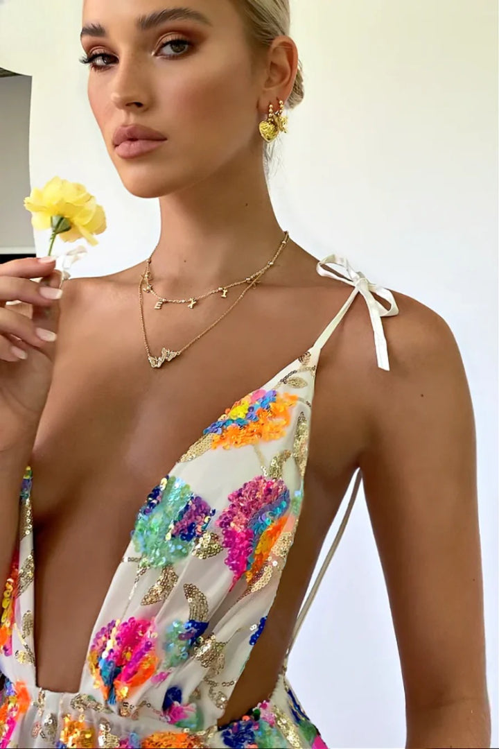 Zephyr - Backless Sequin Floral Strappy Mini Dress