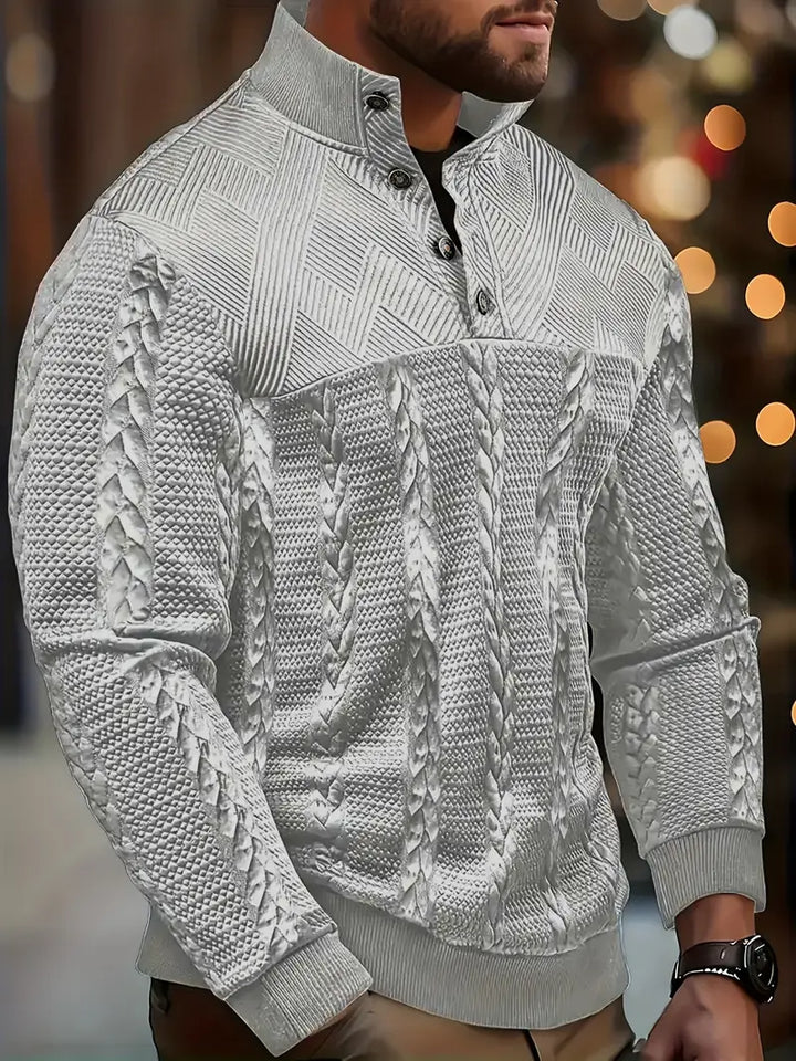 ENZO - TEXTURED BUTTON-COLLAR KNIT PULLOVER