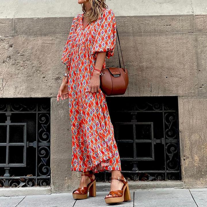 Mandy-Boho Maxi Dress Women with Puff Sleeves