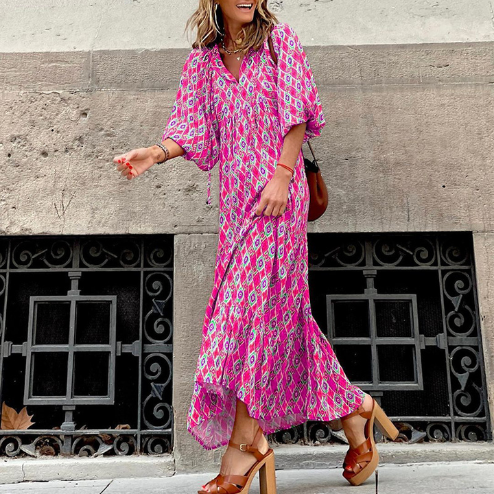 Mandy-Boho Maxi Dress Women with Puff Sleeves