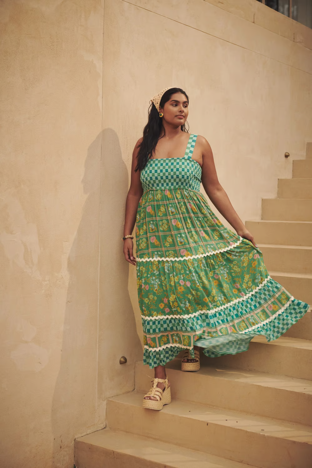 Pola - Green floral print vacation Maxi Dress