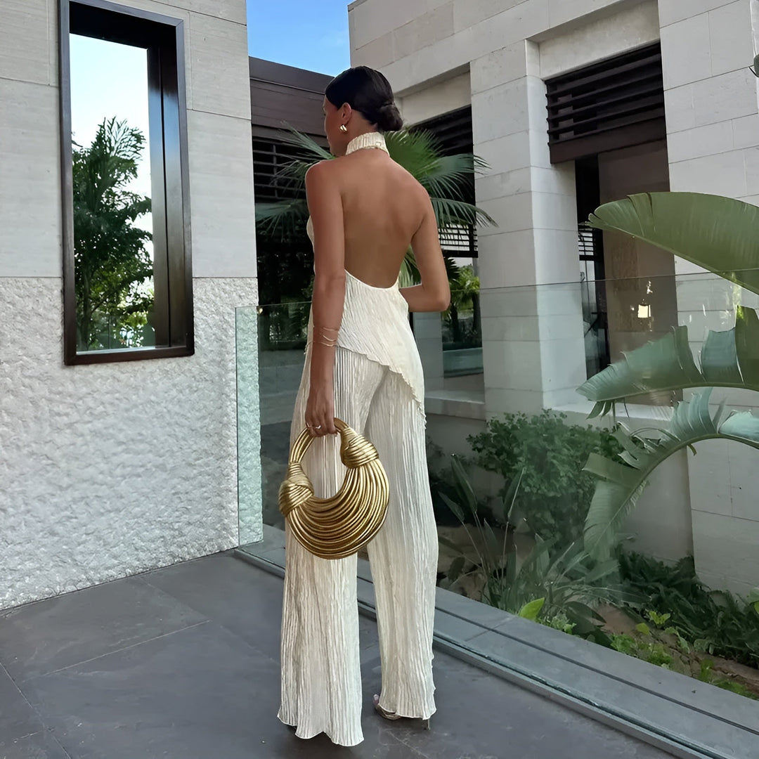 Hazel - Asymmetric Halter Crop Top With Wide Leg Pants Set
