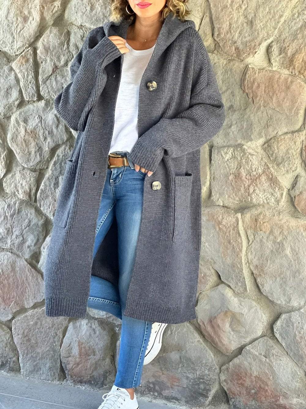 VENA - CREAM KNITTED COAT WITH HOOD